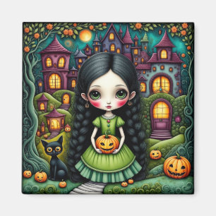Schattig Goth meisje Pompoen Halloween Dorp Magneet