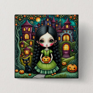 Schattig Goth meisje Pompoen Halloween Dorp Vierkante Button 5,1 Cm