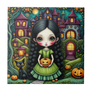 Schattig Gothisch Meisje Pompoen Halloween Dorp Tegeltje