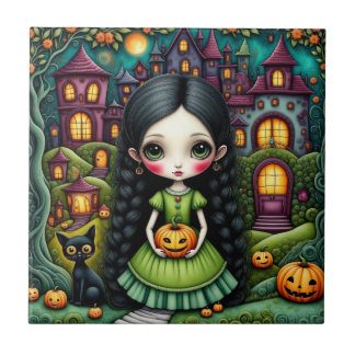 Schattig Gothisch Meisje Pompoen Halloween Dorp Tegeltje