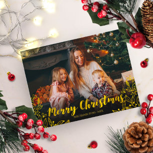 Schattig goud folie loof foto vrolijk kerstfeest briefkaart