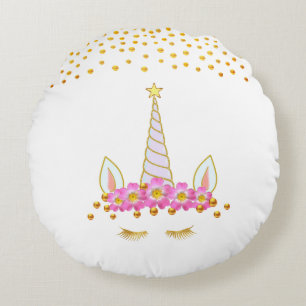 Schattig Gouden Eenhoorn, Bloemen & Gouden Confet Rond Kussen