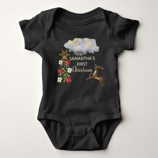 Schattig gouden groene boom hert wolk baby 1e kers romper (Voorkant)