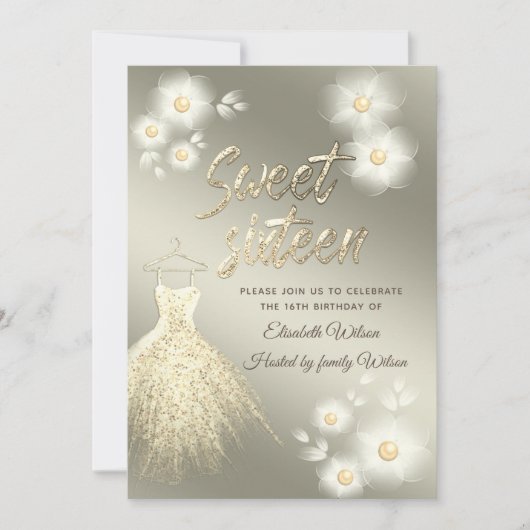 Schattig gouden jurk parel bloemenzoet zestien kaart (Voorkant)