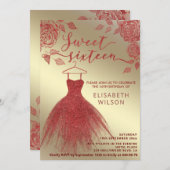 Schattig gouden rozen rood glitterjurkje kaart (Voorkant / Achterkant)