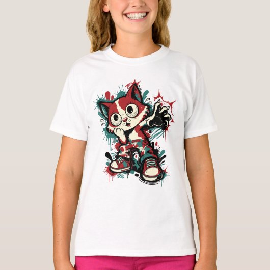 Schattig Graffiti Kat Cartoon T-shirt (Voorkant)
