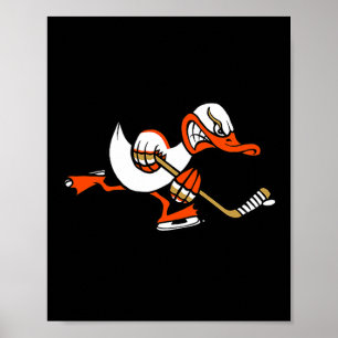 Schattig grafisch cartoon eend mascotte die ijshoc poster