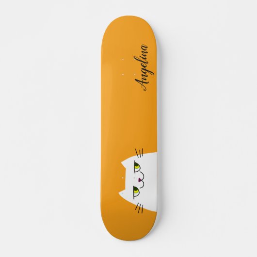 Schattig Grappig Eenvoudig Witte Kat Gele Monogram Persoonlijk Skateboard (Voorkant)