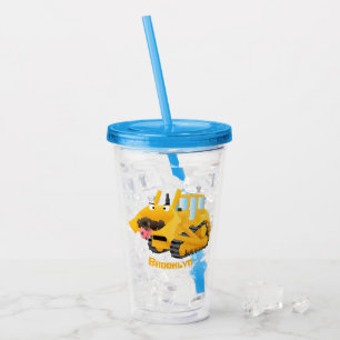 Schattig grappige gele bulldozer cartoon karakter acryl drinkbeker
