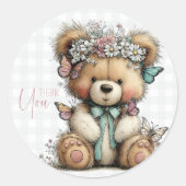 Schattig Grijs Geruit Teddy Bloemendank Je Ronde Sticker (Voorkant)