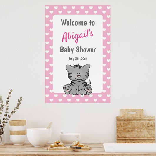 Schattig grijs kitten en harten meisje Baby shower Poster (Keuken)