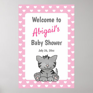 Schattig grijs kitten en harten meisje Baby shower Poster