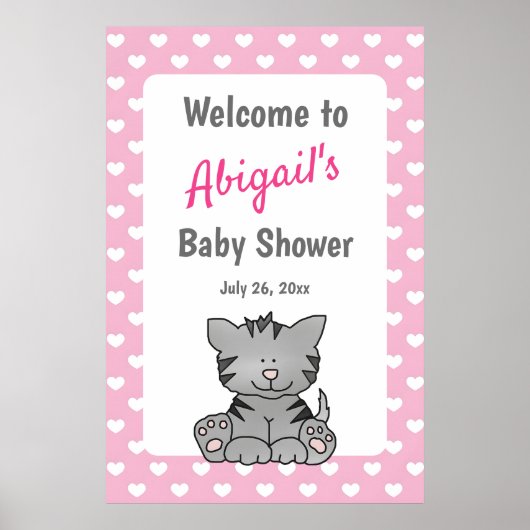Schattig grijs kitten en harten meisje Baby shower Poster (Voorkant)