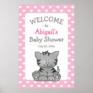 Schattig grijs kitten en harten meisje Baby shower Poster