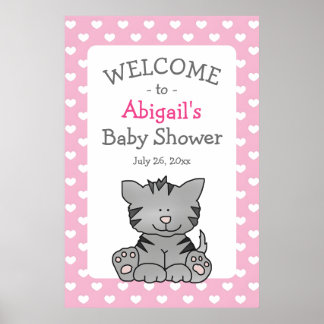Schattig grijs kitten en harten meisje Baby shower Poster