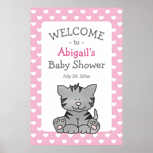 Schattig grijs kitten en harten meisje Baby shower Poster (Voorkant)
