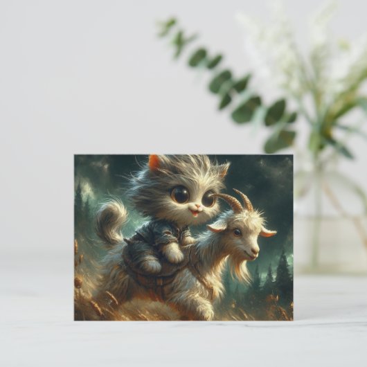 schattig grijs kitten rijden op een geit briefkaart (Staand voorkant)