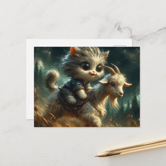 schattig grijs kitten rijden op een geit briefkaart (Voorkant / Achterkant in situ)