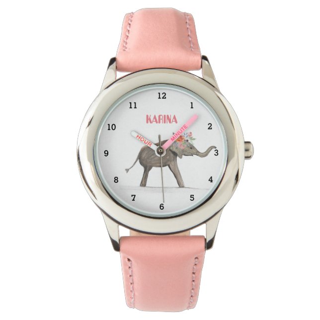 Schattig grijs Olifant Dier Bloemen Girly Kinder Horloge (Voorkant)