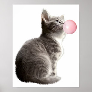 Schattig Grijs Poesje Kat Bubble Gum Kinderkamer K Poster