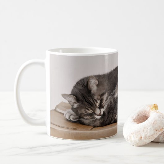 Schattig grijs tabby kat slapen op doos koffiemok (Met donut)