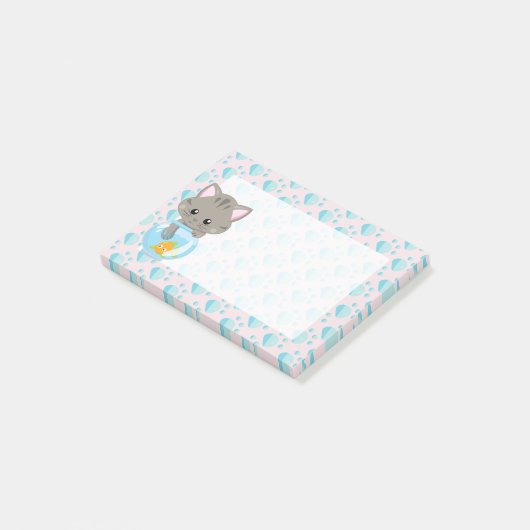 Schattig grijs tabby kitten met vissenkom post-it® notes (Schuin)