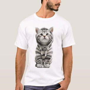 Schattig grijs tabby poesje in gestreepte hoodie t-shirt