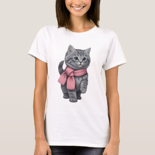 Schattig Grijs Tabby Poesje met Roze Sjaal T-shirt