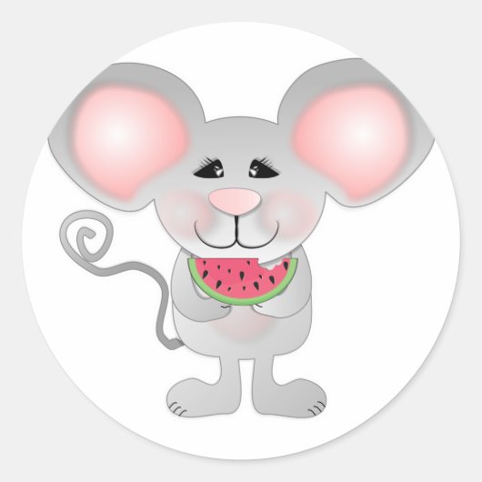 schattig grijze muis met watermeloen ronde sticker (Voorkant)
