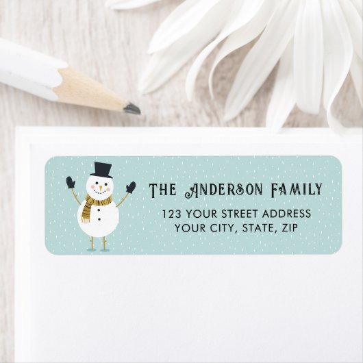 Schattig grillig gelukkig lachend sneeuwmanadres etiket (Insitu)