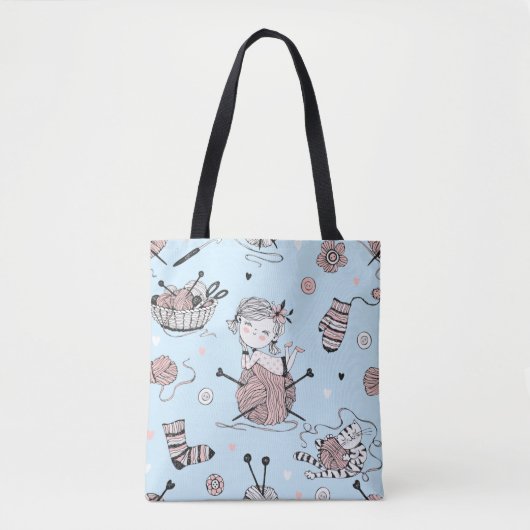 Schattig grillig meisje grappig breien wol kat tote bag (Voorkant)