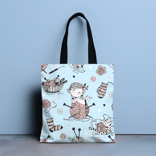 Schattig grillig meisje grappig breien wol kat tote bag
