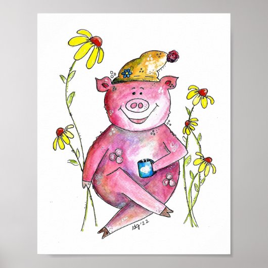 Schattig grillige varken dat koffie drinkt poster (Voorkant)