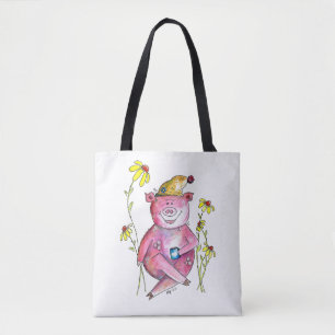 Schattig grillige varken dat koffie drinkt tote bag