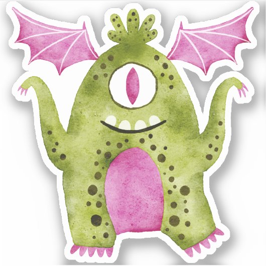 Schattig groen en roze One Eyed Monster met vleuge Sticker (Voorkant)