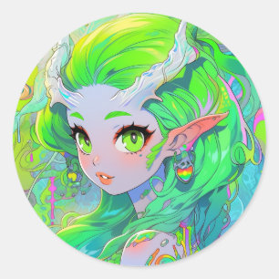 Schattig groen gehoornde hout elf anime meisje ronde sticker