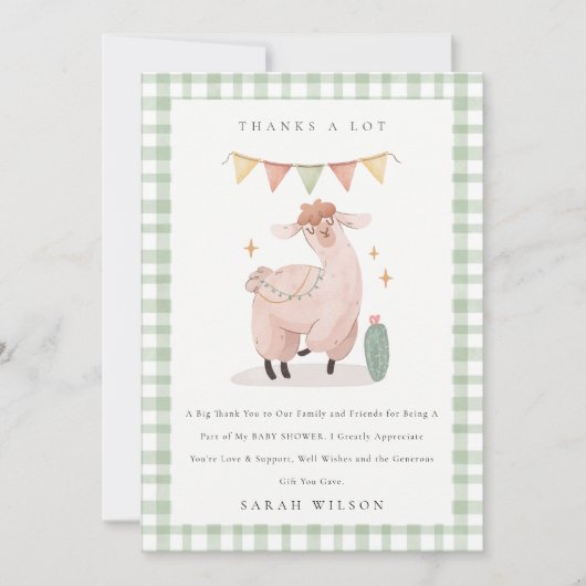 Schattig groen geruit cactus boho lama babyshower bedankkaart (Voorkant)