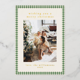 Schattig groen geruit portretfoto kerst goud folie feestdagenkaart
