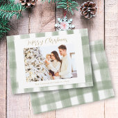 Schattig groen gingham ruit aangepaste foto kerst feestdagenkaart