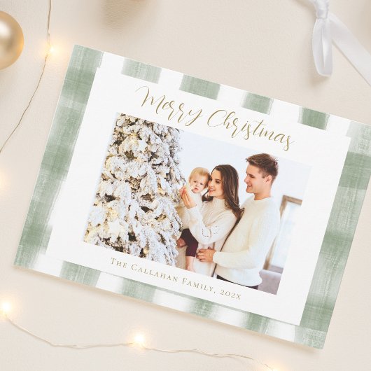 Schattig groen gingham ruit aangepaste foto kerst feestdagenkaart