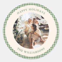 Schattig groen gingham ruitpatroon aangepaste foto ronde sticker