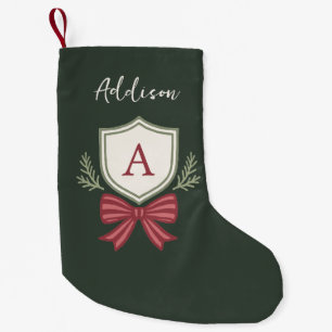 Schattig groene rode monogram gestreepte strik kleine kerstsok