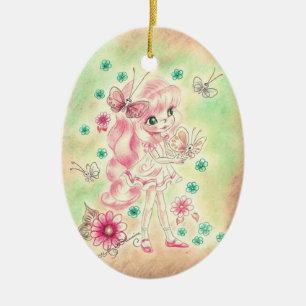 Schattig Grootogig Meisje met Roze Haar & Vlinders Keramisch Ornament