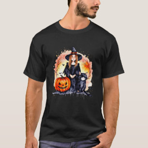 Schattig Halloween heks meisje met kat en pompoen T-shirt
