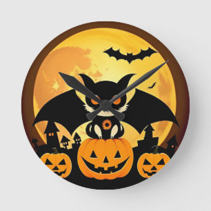 Schattig Halloween kattenkarakter met pompoenen Ronde Klok