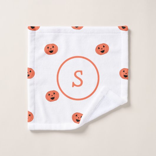 Schattig Halloween pompoen patroon Monogram Wit Bad Handdoek (Wasdoekje)