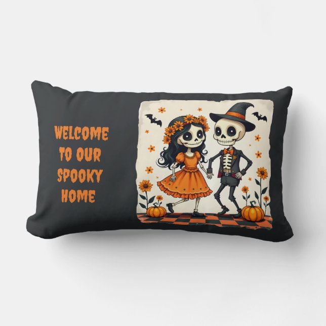 Schattig Halloween-skeletkoppel in oranje Kussen (Voorkant)