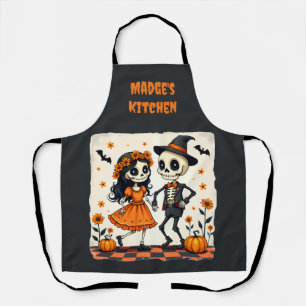 Schattig Halloween-skeletkoppel in oranje Schort