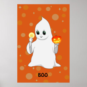 Schattig Halloween spook en pompoen op oranje Poster