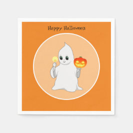 Schattig Halloween spook en pompoen op oranje Servet